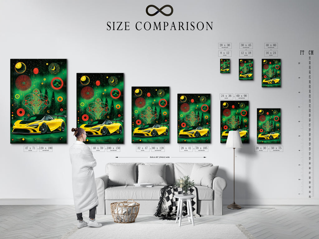 Size comparison chart in an interior setting. Visualize the scale of cosmic geometric artwork. See how a yellow supercar poster fits in your space. Choose the perfect size for your man cave decor or garage wall art. Plan your racing car art display.