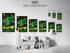 Size comparison chart in an interior setting. Visualize the scale of cosmic geometric artwork. See how a yellow supercar poster fits in your space. Choose the perfect size for your man cave decor or garage wall art. Plan your racing car art display.