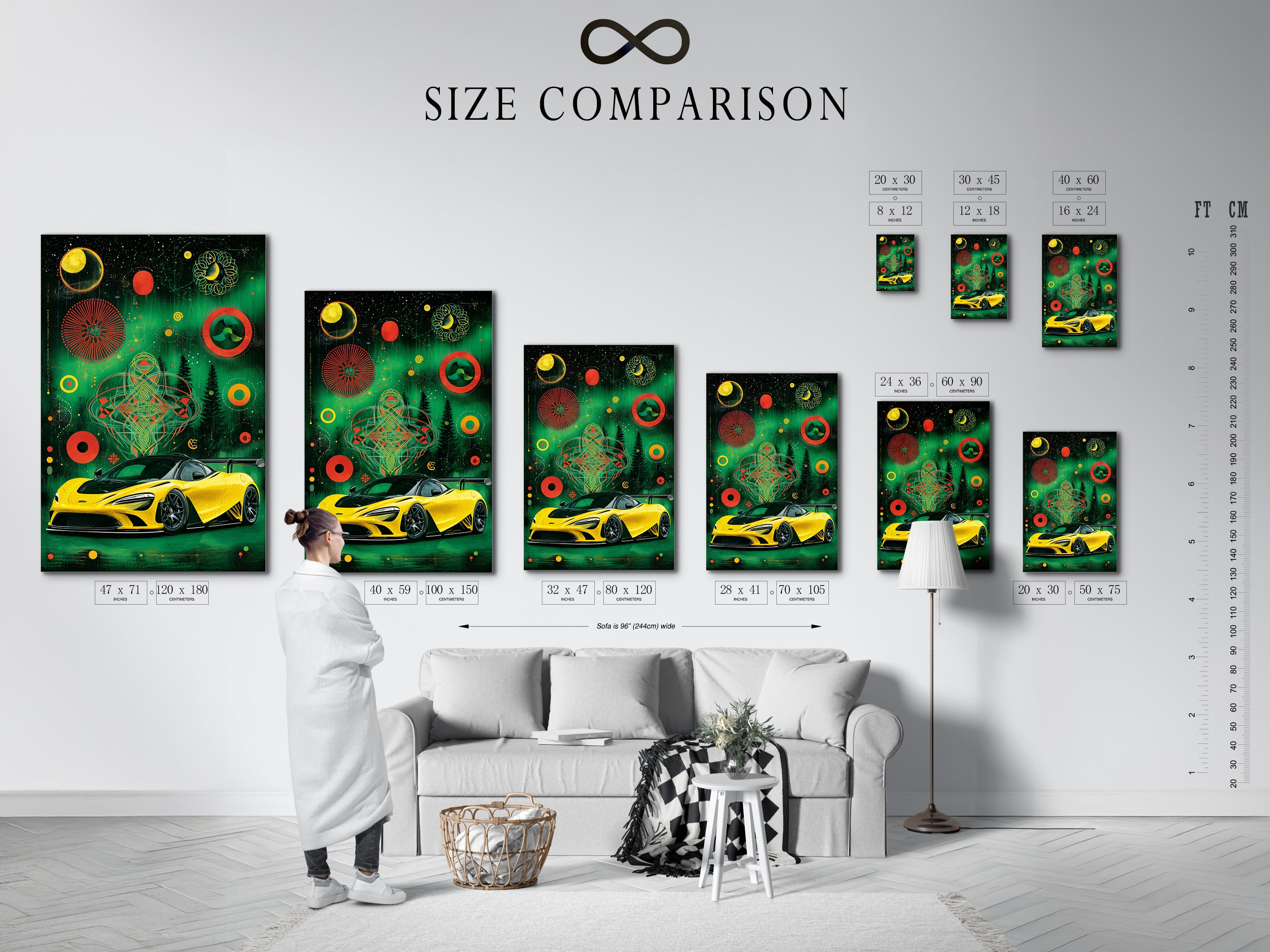 Size comparison chart in an interior setting. Visualize the scale of cosmic geometric artwork. See how a yellow supercar poster fits in your space. Choose the perfect size for your man cave decor or garage wall art. Plan your racing car art display.