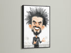 A framed soccer coach caricature art print is displayed in a black frame. This sports artwork is a great cartoon canvas print for the passionate sports fan. It makes a unique gift for him or any soccer coach.