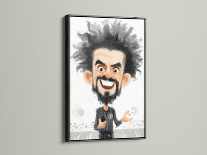 A framed soccer coach caricature art print is displayed in a black frame. This sports artwork is a great cartoon canvas print for the passionate sports fan. It makes a unique gift for him or any soccer coach.