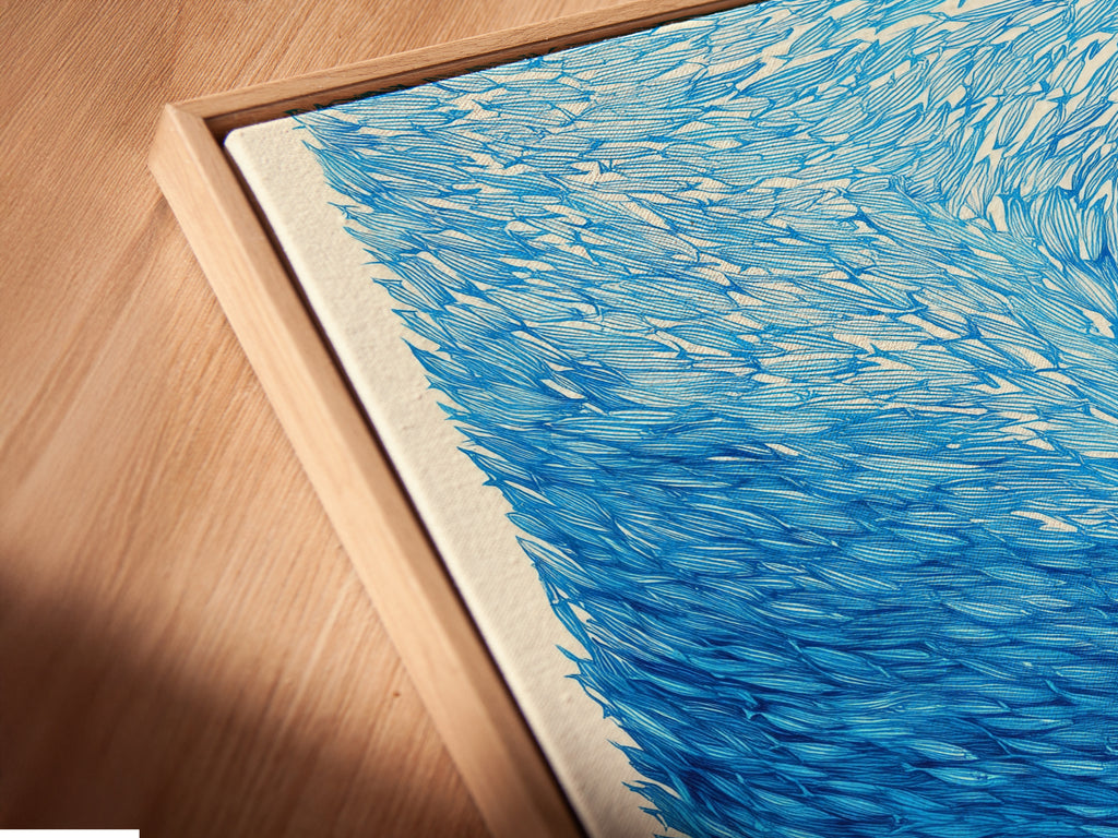 An angled close-up reveals a canvas print in a floating frame. The artwork musical canvas print appears to float adding a modern touch. See the surreal violin wall art that enhances any room. Indigo blue art print is ideal for living rooms or offices.