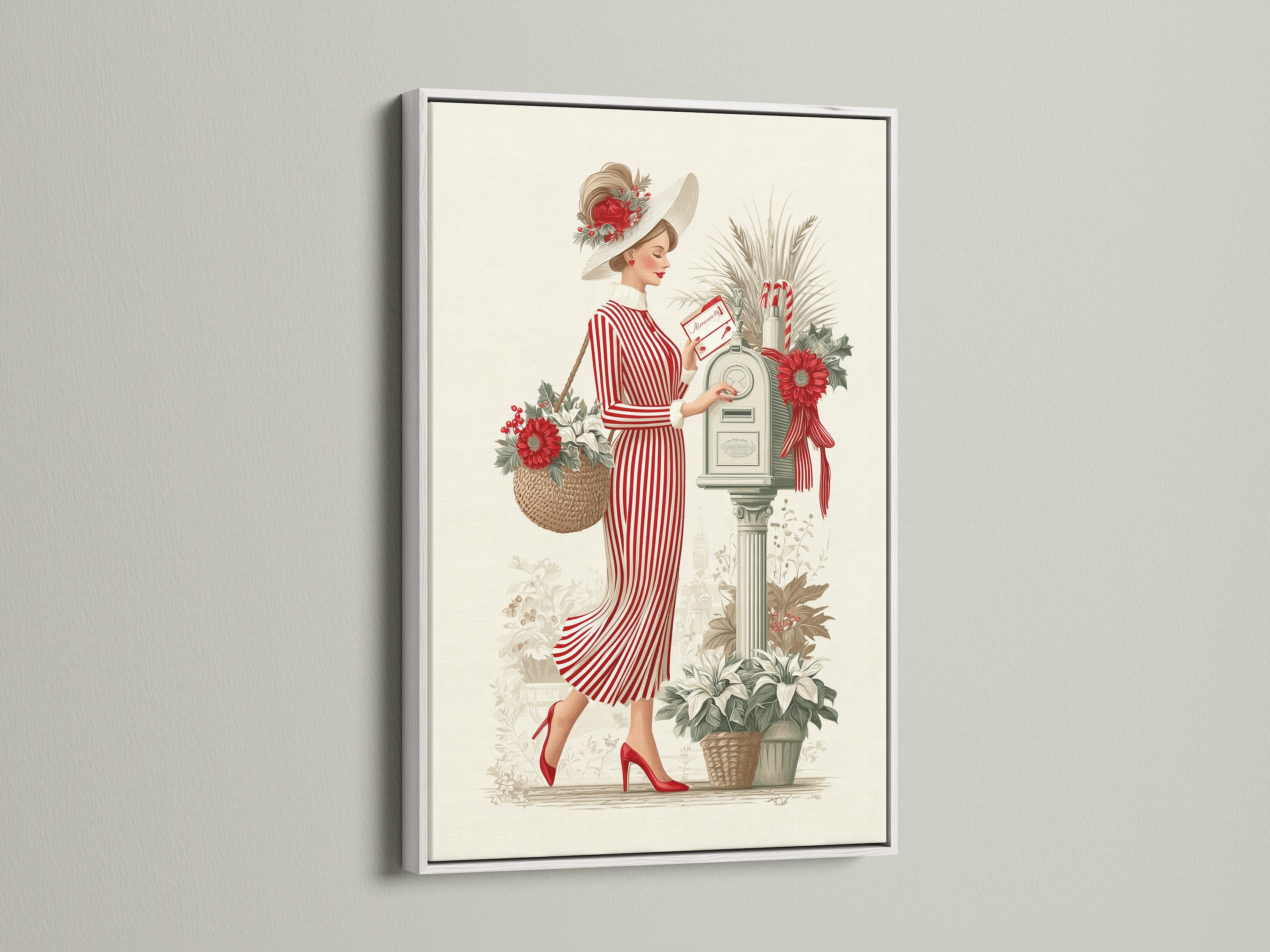 This vintage lady artwork is showcased in a white frame. The red striped dress art offers a clean and sophisticated look. It's ideal for creating a bright and inviting space. This artwork complements various interior styles.