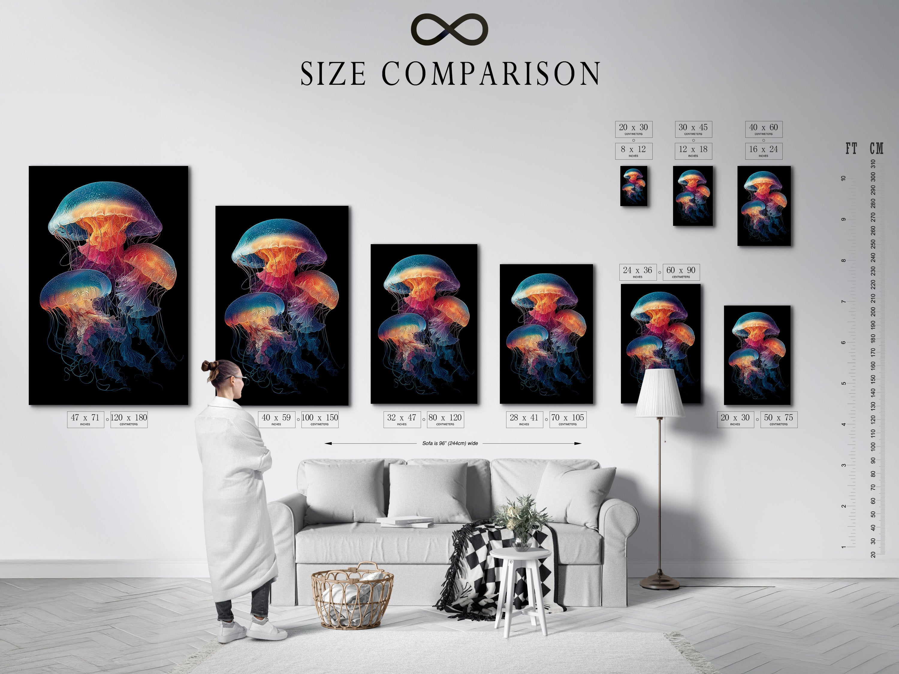 A size comparison chart is displayed in an interior setting. See how the jellyfish artwork fits in various spaces. The colorful ocean wall art enhances bathroom decor living room wall decor and office wall art. This marine life print is perfect for coastal tropical and modern styles.