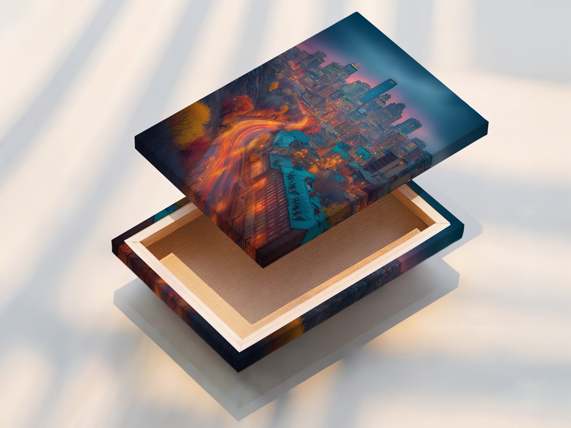 A stretched canvas print featuring cityscape wall art. The urban canvas print displays skyline photography with teal and orange tones. This ready-to-hang piece is perfect for any room. The stretched canvas provides a gallery-worthy look. Transform your space