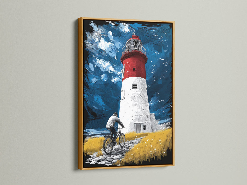 The coastal artwork is presented in a gold frame. The gold frame adds a touch of elegance to the lighthouse artwork. This frame style makes the nautical decor a focal point in any room.