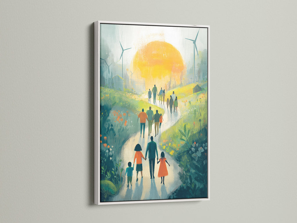 Sustainable Future Art Print - Family Walking Path Landscape, Green Energy Wind Turbines, Eco Friendly Wall Decor, Hope Artwork