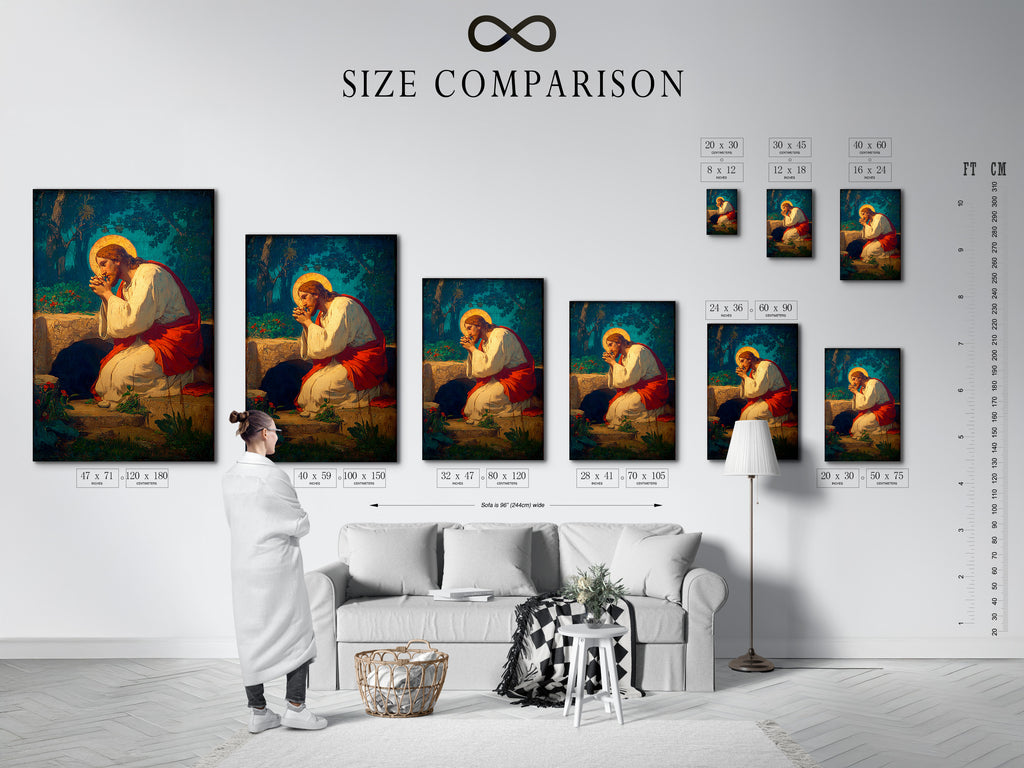 This is a size comparison chart in an interior setting. The chart helps you visualize different print sizes. Find the perfect size for your space. Explore our range of size options. Make the right choice for your artwork.