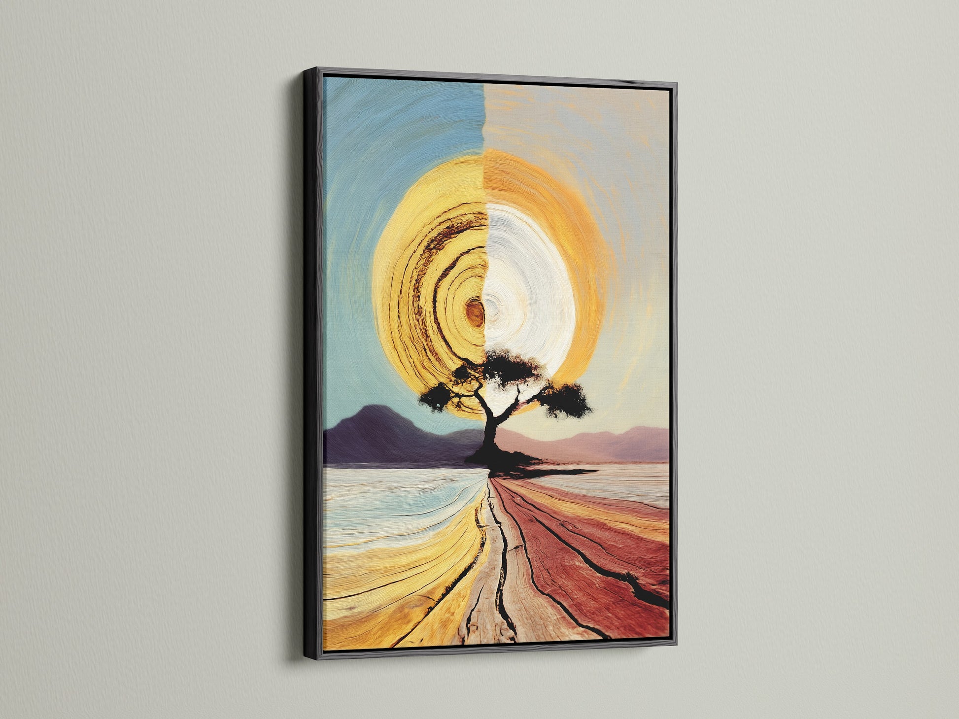 The Sunrise Tree canvas artwork is presented in a sleek black frame. The black frame offers a bold contrast to the golden sun wall art. This modern abstract landscape adds sophistication to any room. A perfect statement piece for interior designers and homeowners alike.