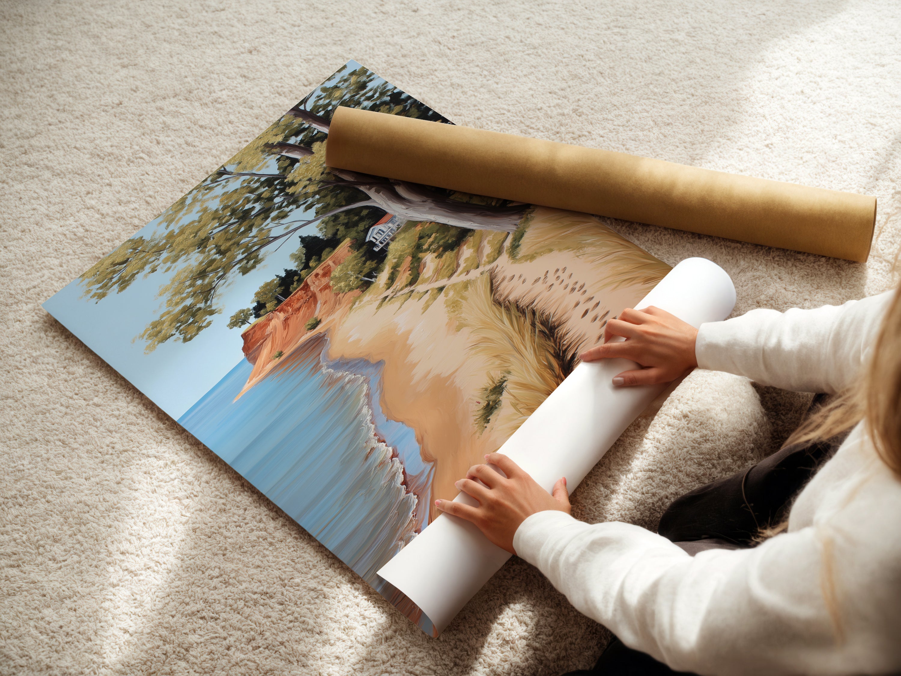 A woman rolling a fine art poster paper of a Coastal Beach Artwork. This serene ocean view print captures a sandy shoreline. Ideal for coastal cottage decor. Bring the calming essence of the coast to your living room or bedroom with this beautiful piece.
