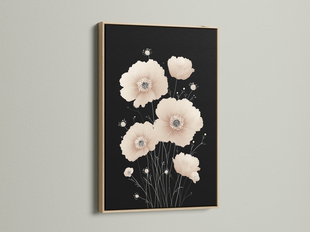 Beige Poppy Flower Artwork in an Oak Frame. A refined art piece that complements minimalist and Scandinavian aesthetics. The oak frame enhances the natural beauty of the floral artwork. Perfect for creating a peaceful ambiance in your home or office.