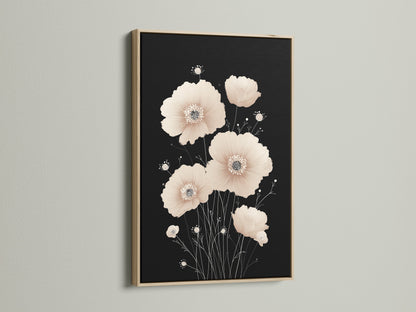 Beige Poppy Flower Artwork in an Oak Frame. A refined art piece that complements minimalist and Scandinavian aesthetics. The oak frame enhances the natural beauty of the floral artwork. Perfect for creating a peaceful ambiance in your home or office.