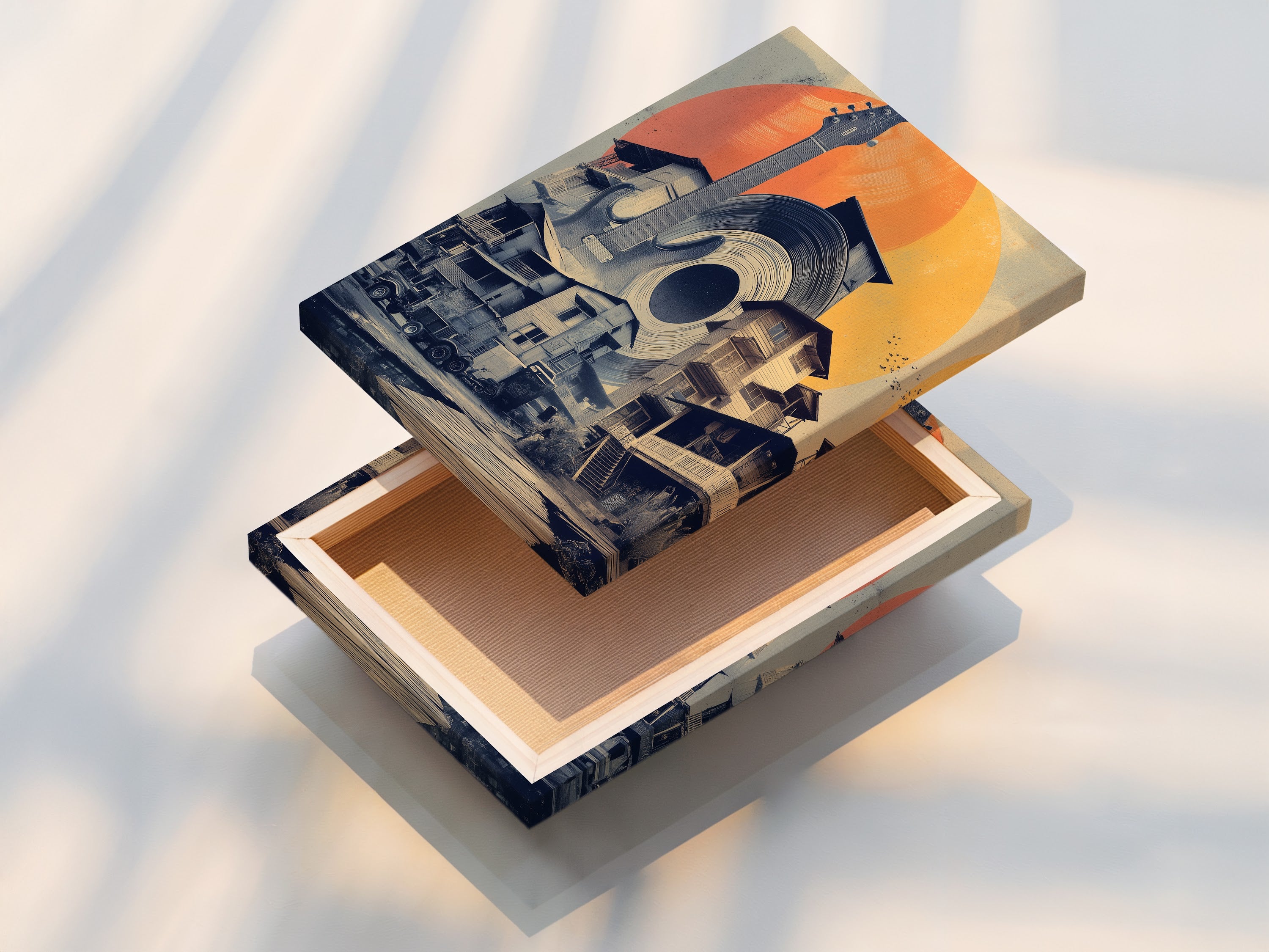 A stretched canvas print of the Musical Village artwork is displayed. This eclectic piece features a guitar record and village landscape. The stretched canvas provides a gallery ready look. It's perfect for adding a musical touch to any room.