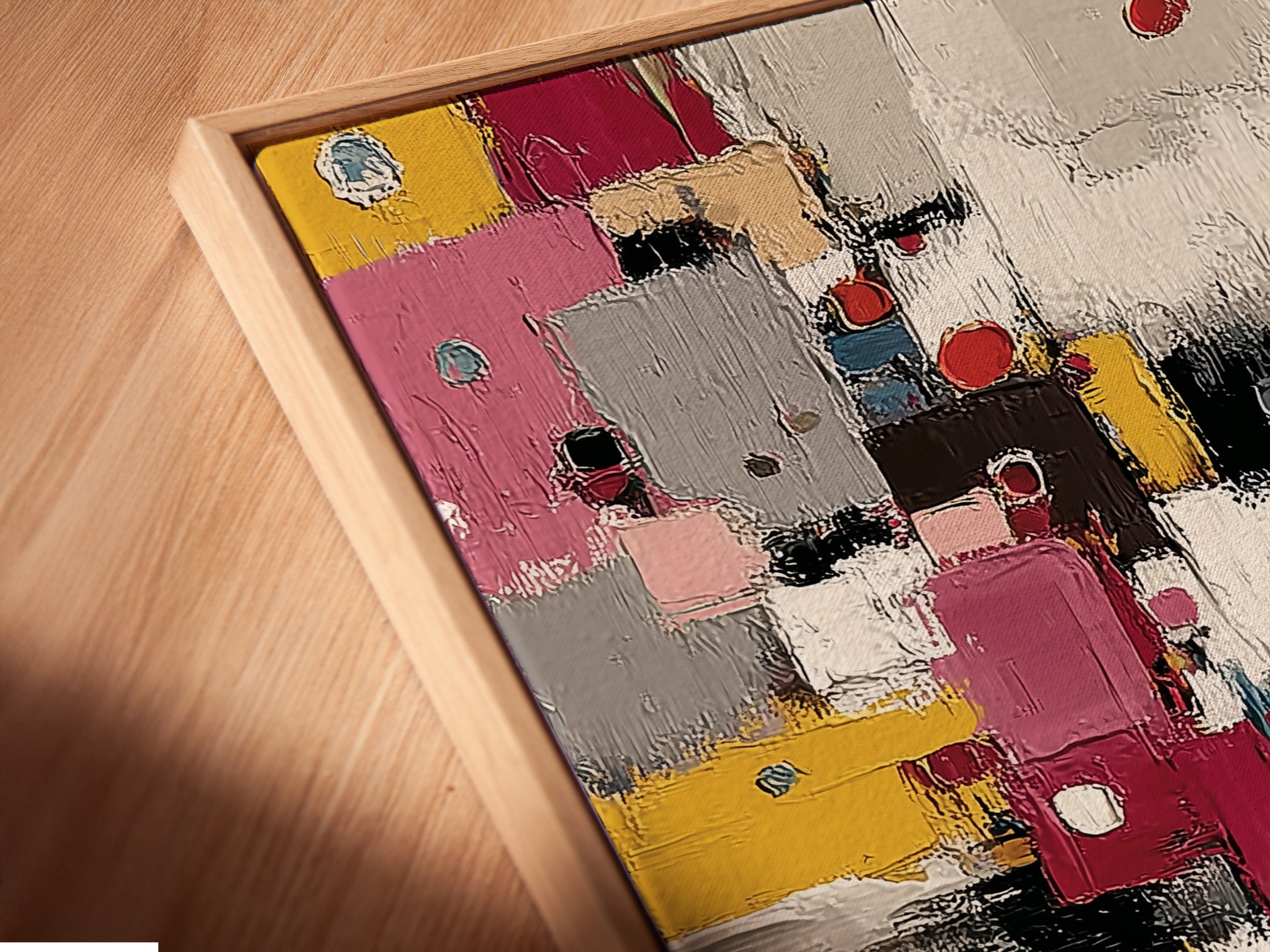 Angled close up of a canvas print in a floating frame. Abstract colorful artwork enhances any space. Modern geometric print complements minimalist or eclectic styles. Vibrant pink yellow decor for home or office.