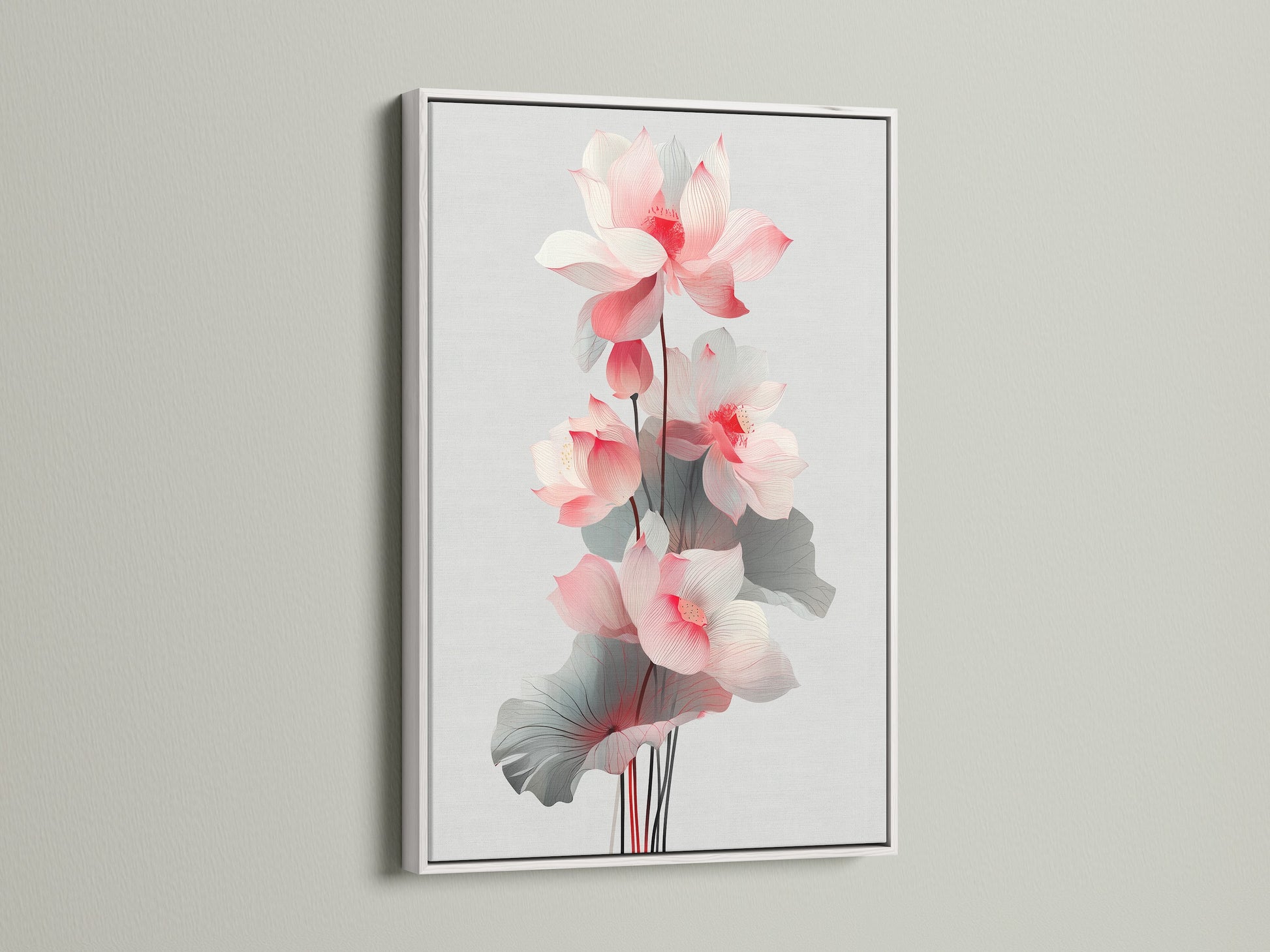 The lotus flower artwork is showcased in a white frame. This floral canvas print brings a clean and modern aesthetic to any room. The white frame enhances the pink floral artwork. It is ideal for bedroom wall decor.