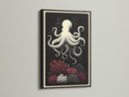 Black Frame art print. This octopus canvas print is nautical wall art. This art features coral reef art for coastal home decor. The black frame provides a bold contrast. Add some ocean creature artwork to your walls.