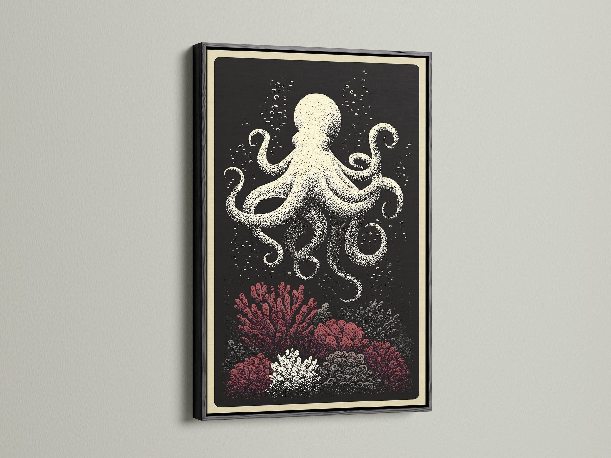 Black Frame art print. This octopus canvas print is nautical wall art. This art features coral reef art for coastal home decor. The black frame provides a bold contrast. Add some ocean creature artwork to your walls.