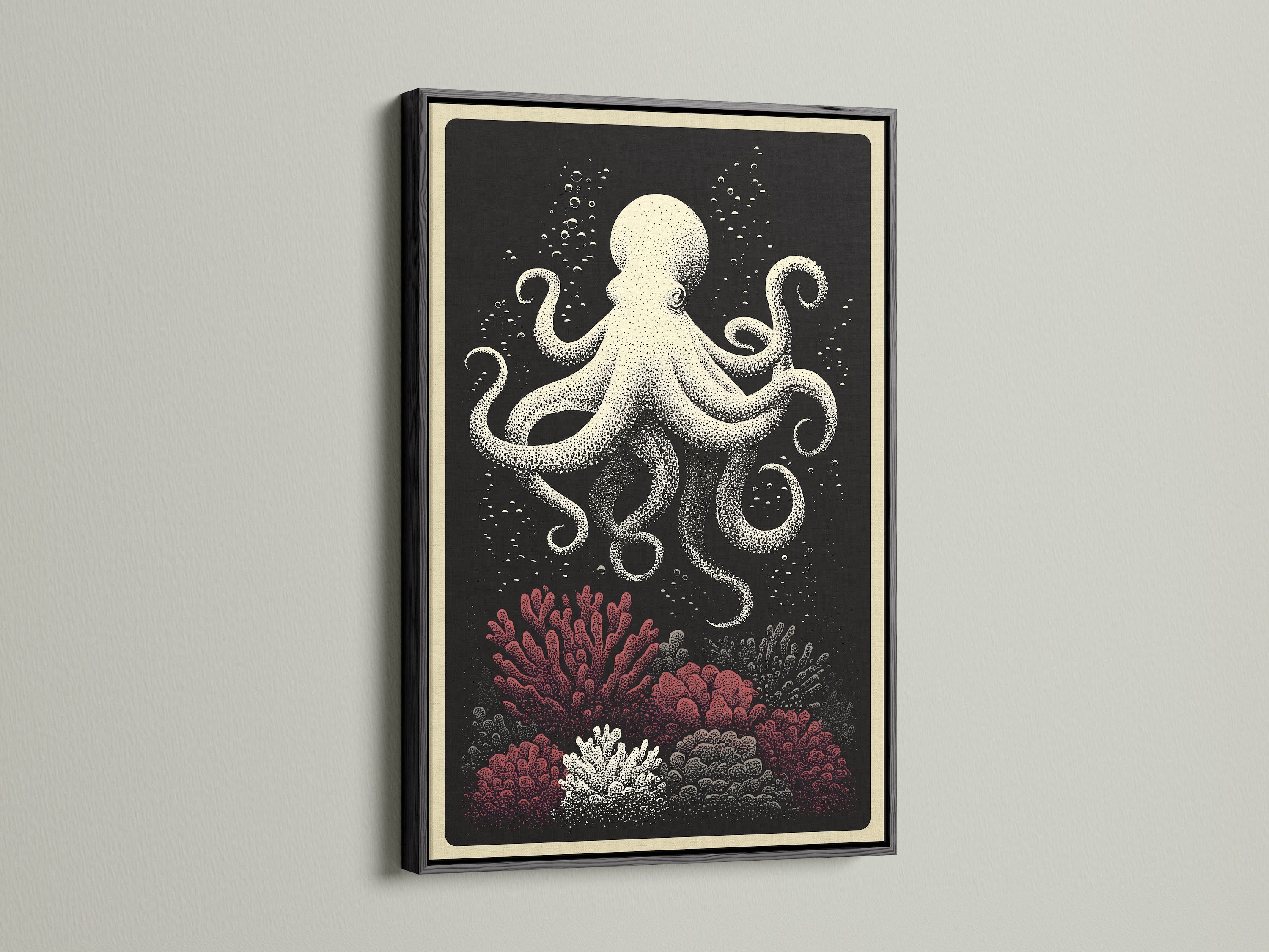Black Frame art print. This octopus canvas print is nautical wall art. This art features coral reef art for coastal home decor. The black frame provides a bold contrast. Add some ocean creature artwork to your walls.