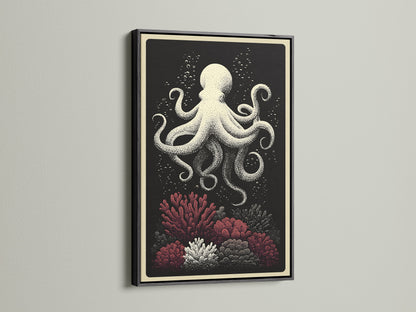 Black Frame art print. This octopus canvas print is nautical wall art. This art features coral reef art for coastal home decor. The black frame provides a bold contrast. Add some ocean creature artwork to your walls.