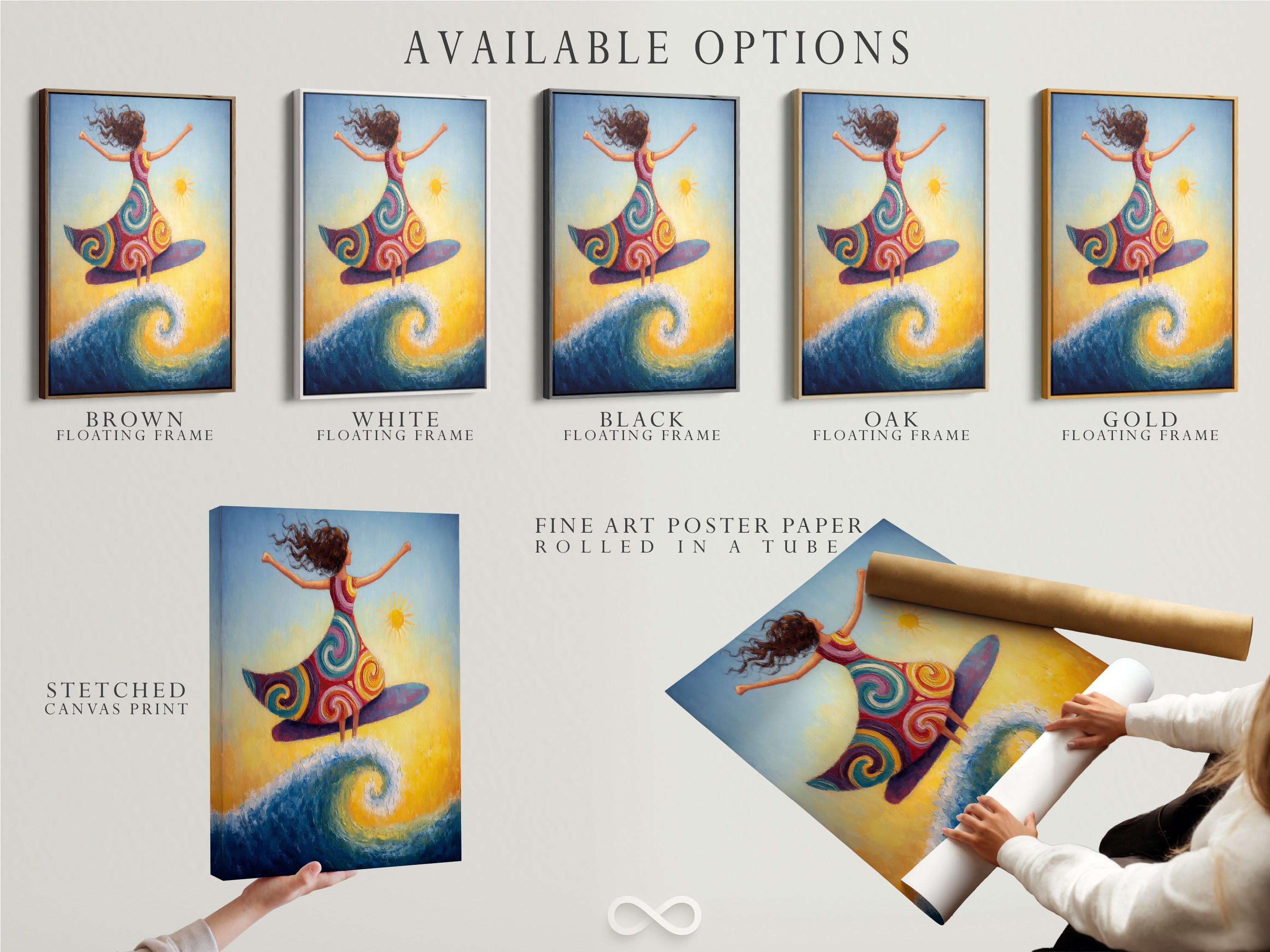 Available options include a stretched canvas print fine art poster paper and a floating frame. Choose the perfect format for your surfing girl artwork. Each option enhances the bohemian artwork. Transform your space with coastal decor.