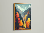 Autumn Forest artwork displayed in a gold frame. The mountain landscape wall art features rich fall colors. This nature print brings a touch of elegance. Ideal wall decor for homeowners renters and interior stylists seeking contemporary art.