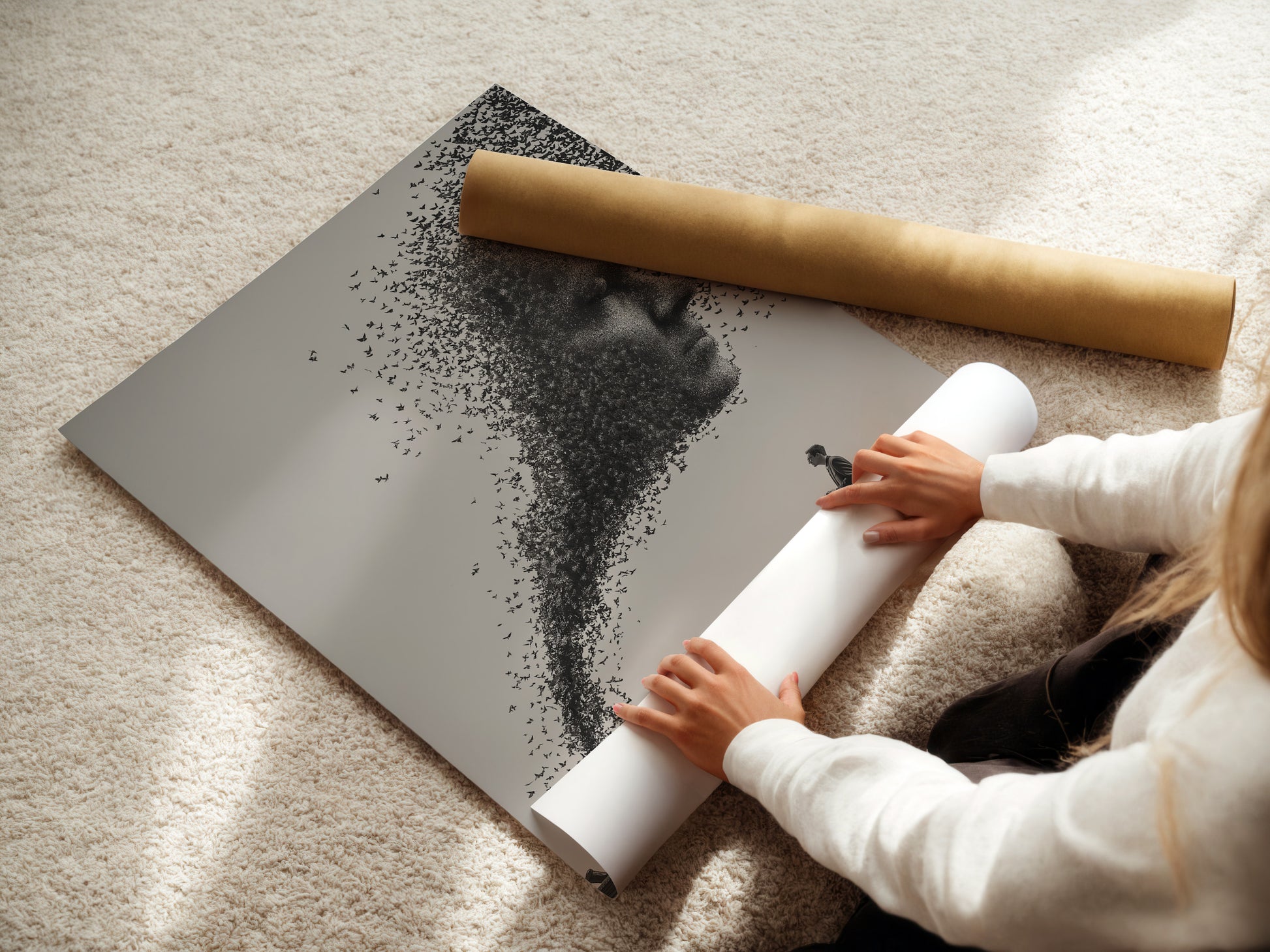 A woman is carefully rolling a fine art poster paper. The poster is high-quality. It ensures vibrant colors and sharp details. Proper handling is essential to preserve the artwork. Fine art poster paper is perfect for creating stunning prints. Learn more about our fine art paper options.