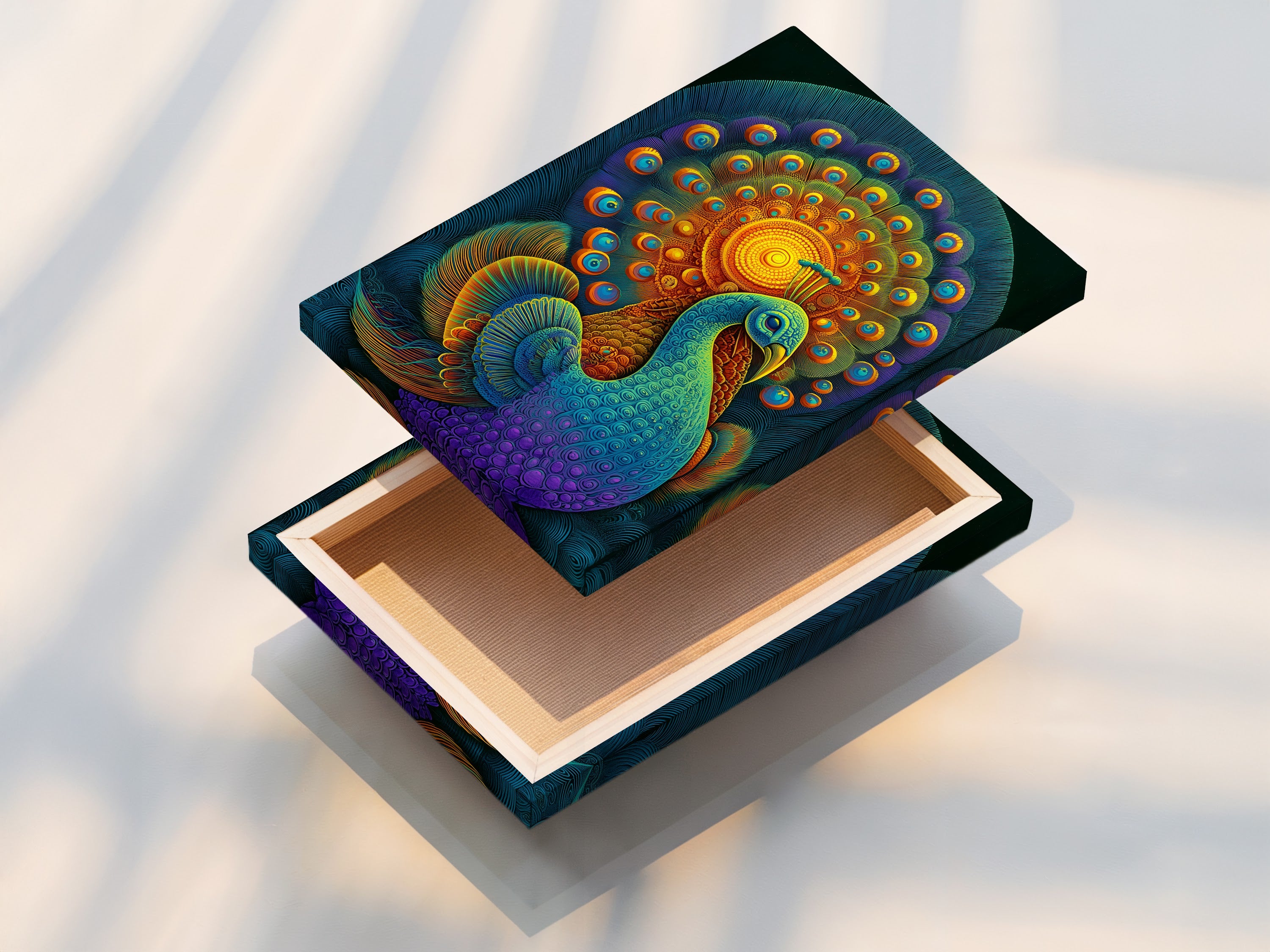 A stretched canvas print featuring a vibrant peacock. The stretched canvas print is ready to hang and enjoy. No framing is required. This colorful artwork brings life to any room. Perfect for eclectic wall decor. Transform your space today.