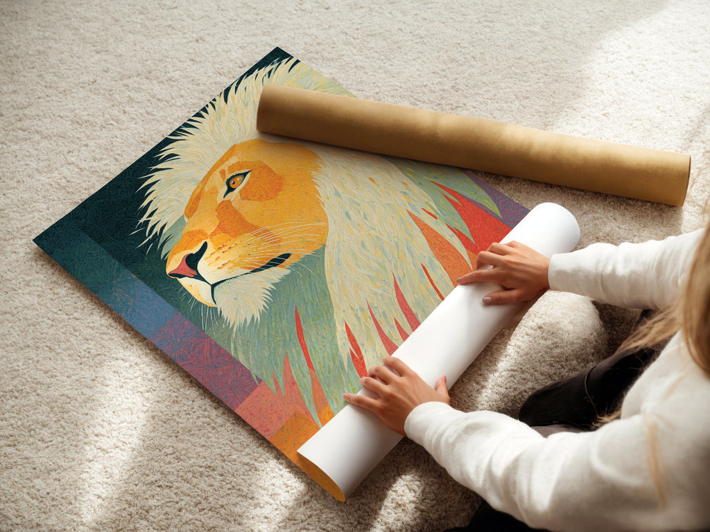 A woman is carefully rolling a fine art poster paper. This ensures the artwork is protected. The fine art poster paper is ready for framing. Discover the quality of our fine art printing. Each piece is handled with care.