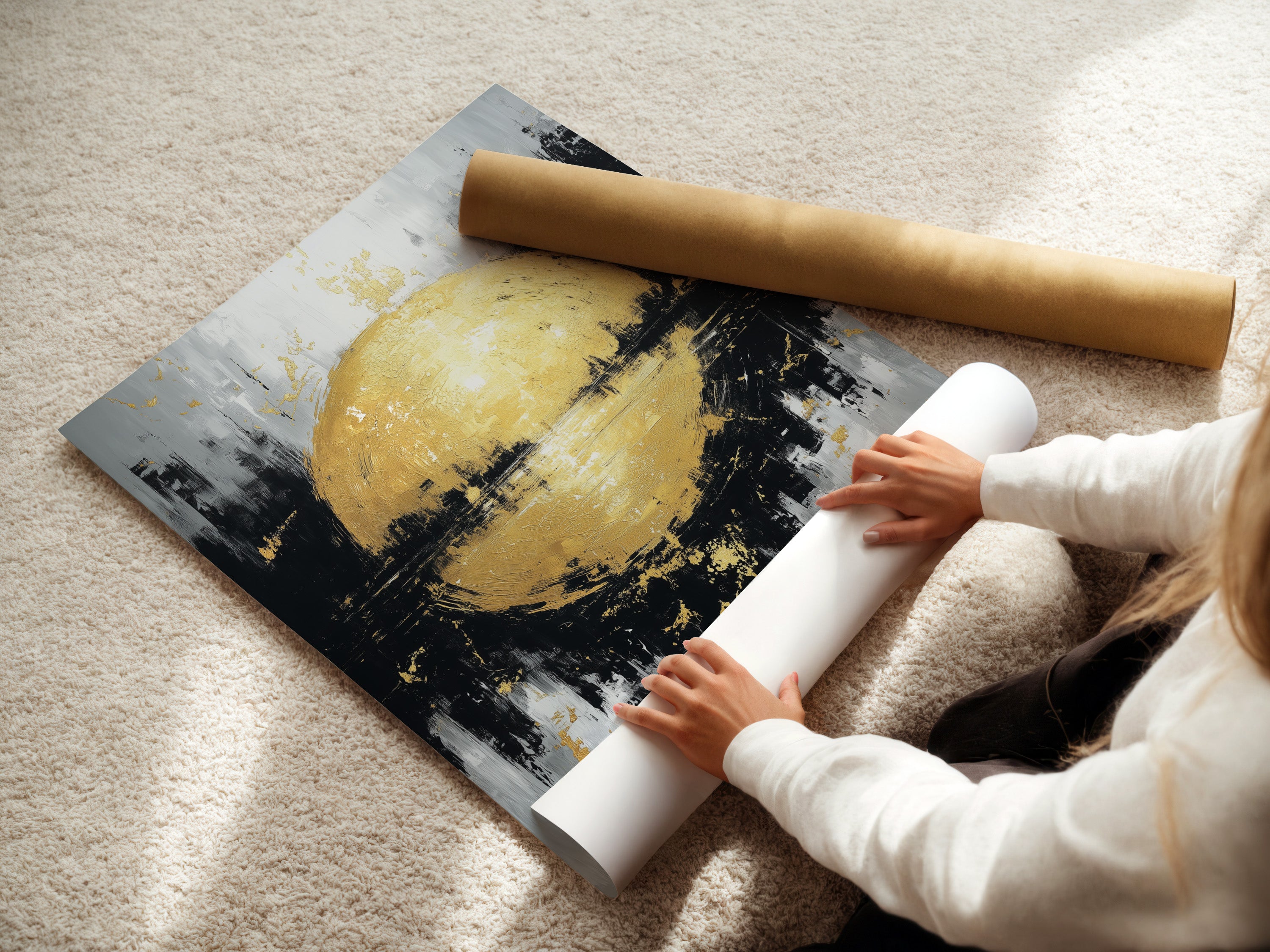 A woman is carefully rolling a fine art poster paper. The poster paper is of high quality and archival grade. Preserve your artwork with our premium fine art poster paper. The paper ensures vibrant colors and longevity.