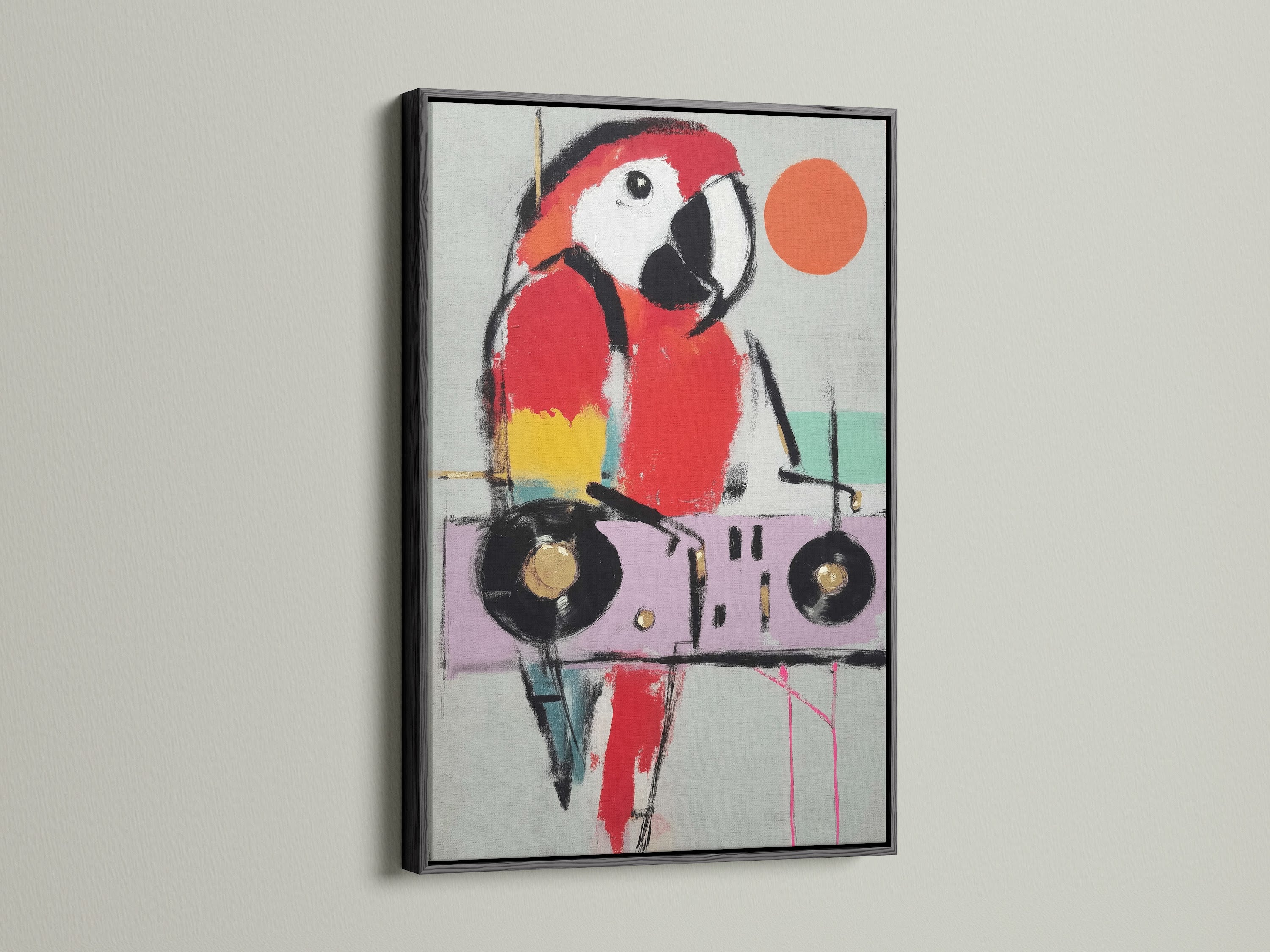 The modern parrot artwork is displayed in a sleek black frame. This colorful animal art is a vibrant addition. It's great for contemporary spaces. The abstract bird print adds a stylish touch. This bird canvas print makes a statement. Ideal for living room or office wall art.