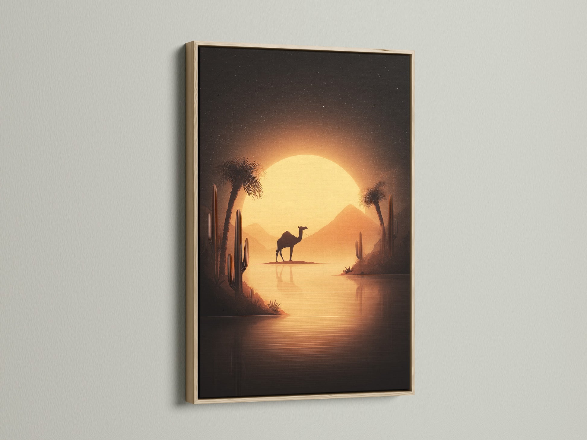 Oak frame featuring desert camel artwork. This artwork is ideal for homeowners and renters. The sunset canvas print will bring the desert landscape to your living room wall.