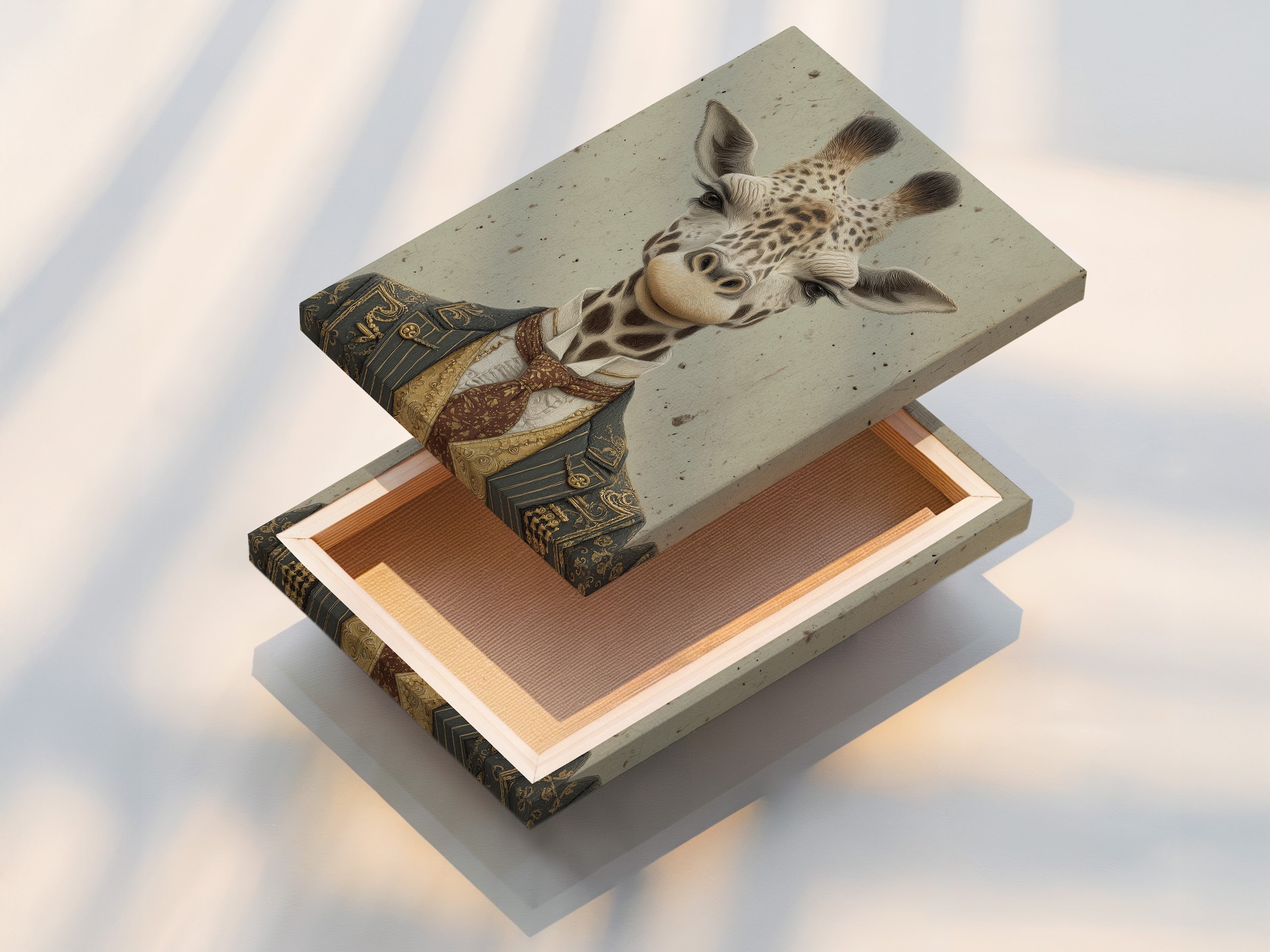 A stretched canvas print showcases a vintage gentleman giraffe. The canvas texture adds depth and dimension to the artwork. This piece is ready to hang and enjoy. Enhance your home with this animal portrait art.