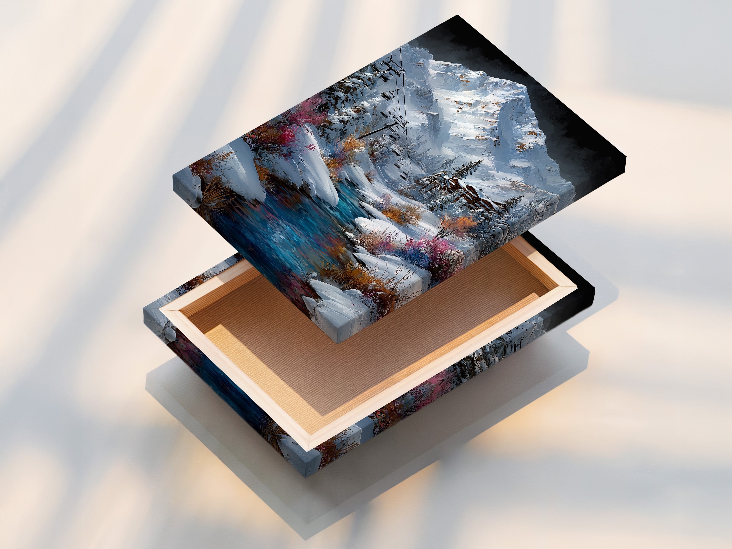 This is a stretched canvas print of a mountain village with a ski lift and stream. The stretched canvas print offers a gallery-ready look. Bring the beauty of a snowy ski resort into your home with this alpine artwork. It's perfect for any winter-themed space.