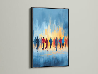 Abstract sports wall art featuring marathon runners in a sleek black frame. The contrast of blue and orange creates a modern look. Perfect for home gym decor or office inspiration. Enhance your space with this motivational print. Celebrate fitness and the spirit of running.