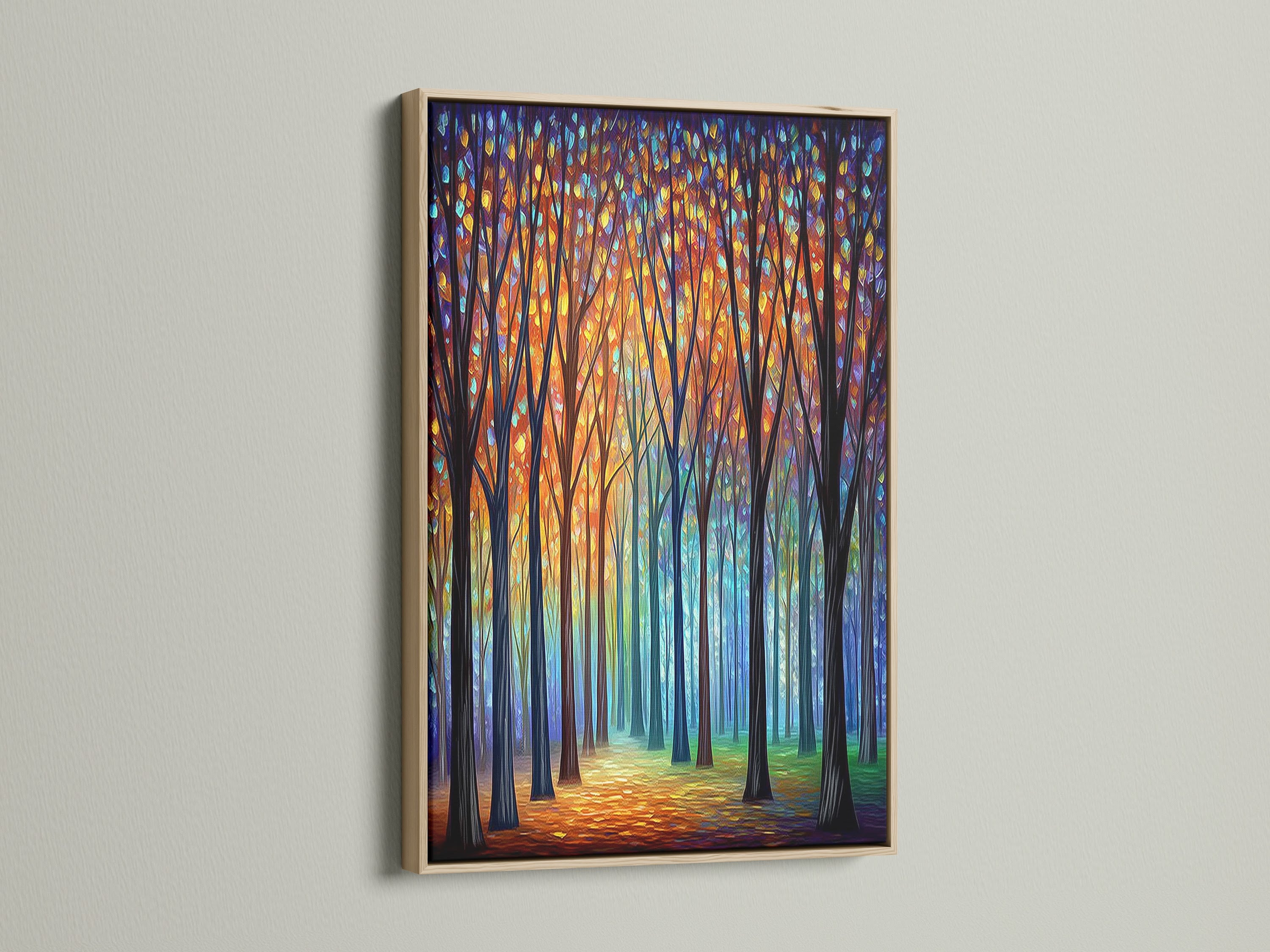 This modern nature artwork features abstract trees in an oak frame. The colorful forest canvas print is perfect for minimalist or Scandinavian styles. Enhance your living space with this artwork today.