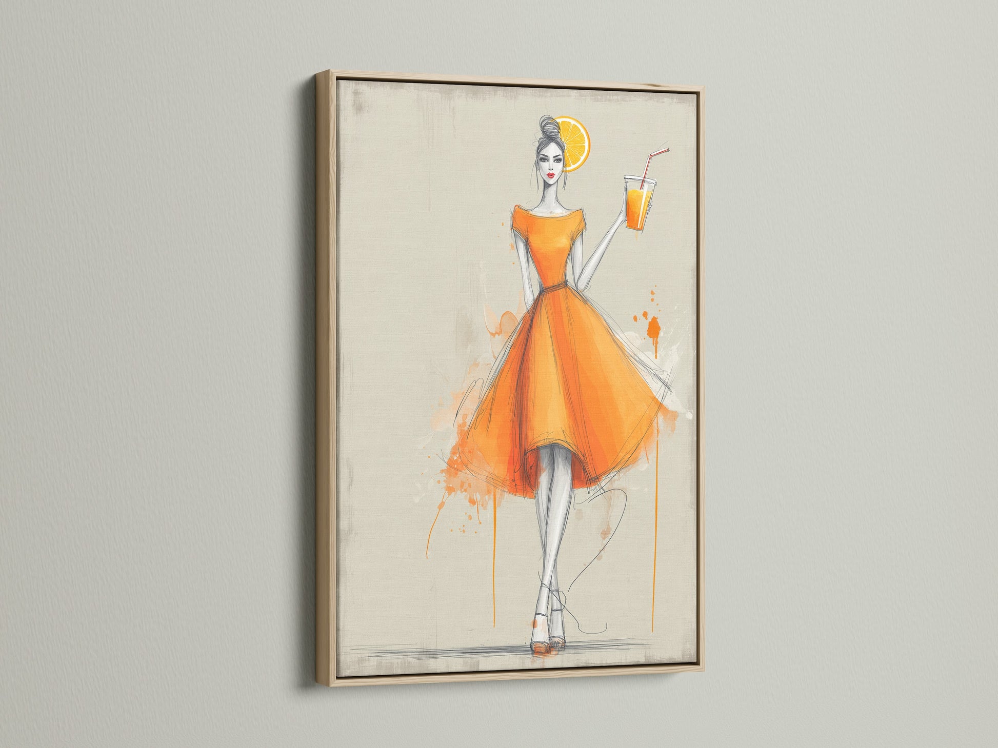 Fashion illustration print displayed in an oak frame. The orange dress wall art adds a touch of style. This chic woman watercolor canvas is ideal for bedroom decor. Consider it a thoughtful gift for her.
