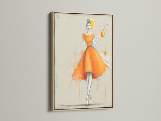 Fashion illustration print displayed in an oak frame. The orange dress wall art adds a touch of style. This chic woman watercolor canvas is ideal for bedroom decor. Consider it a thoughtful gift for her.