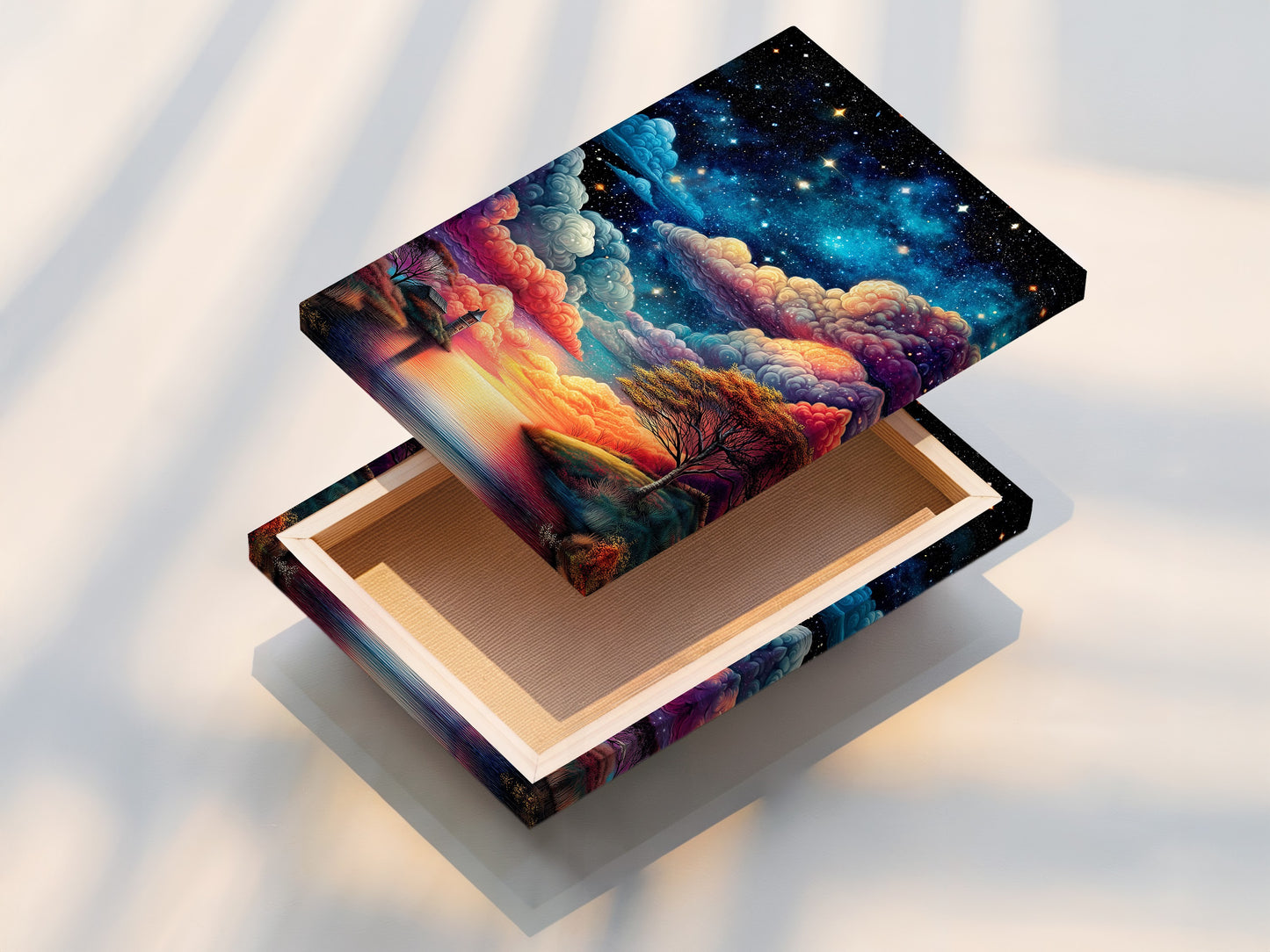 A stretched canvas print of the Starry Night artwork. The celestial sky and lake landscape create a dreamy and modern piece. This canvas art is ready to hang and will transform any room. Perfect for minimalist styles