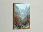 Autumn wall art featuring a mountain valley in a gold frame. This nature photography showcases a misty canyon landscape. Perfect for creating a cozy atmosphere in your cabin or vacation home. The gold frame adds elegance.
