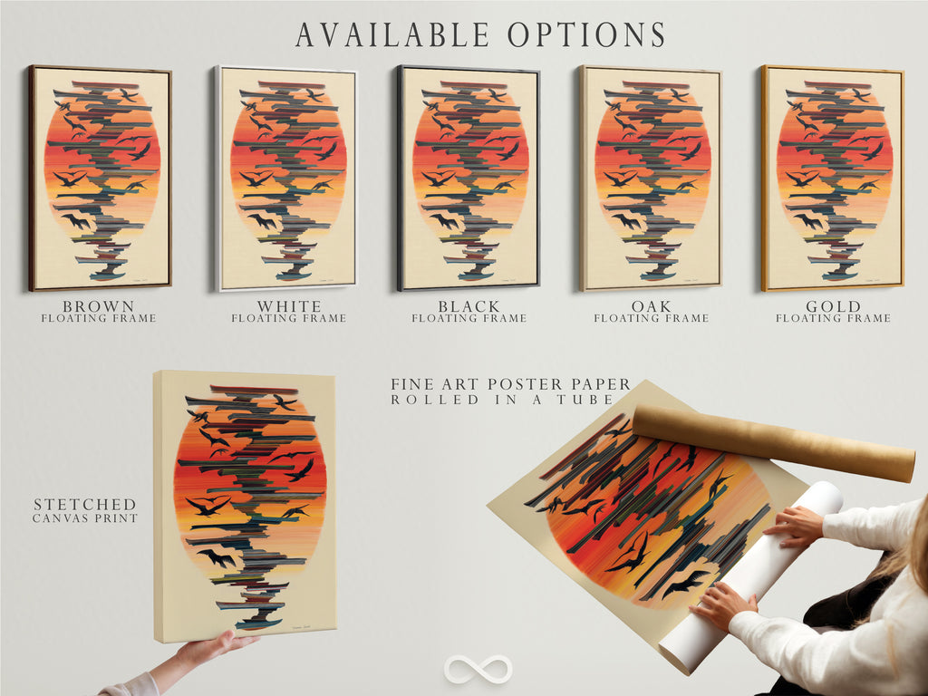 Discover the available options for the Birds in Flight artwork. Choose between a stretched canvas print fine art poster paper or a floating frame. Customize your coastal artwork to fit your style. Enhance your home decor.