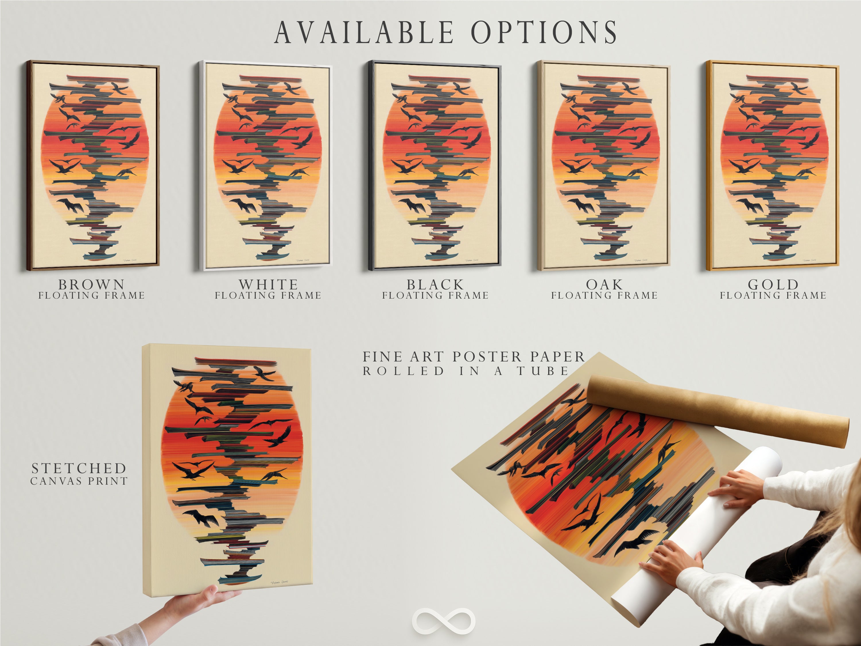 Discover the available options for the Birds in Flight artwork. Choose between a stretched canvas print fine art poster paper or a floating frame. Customize your coastal artwork to fit your style. Enhance your home decor.