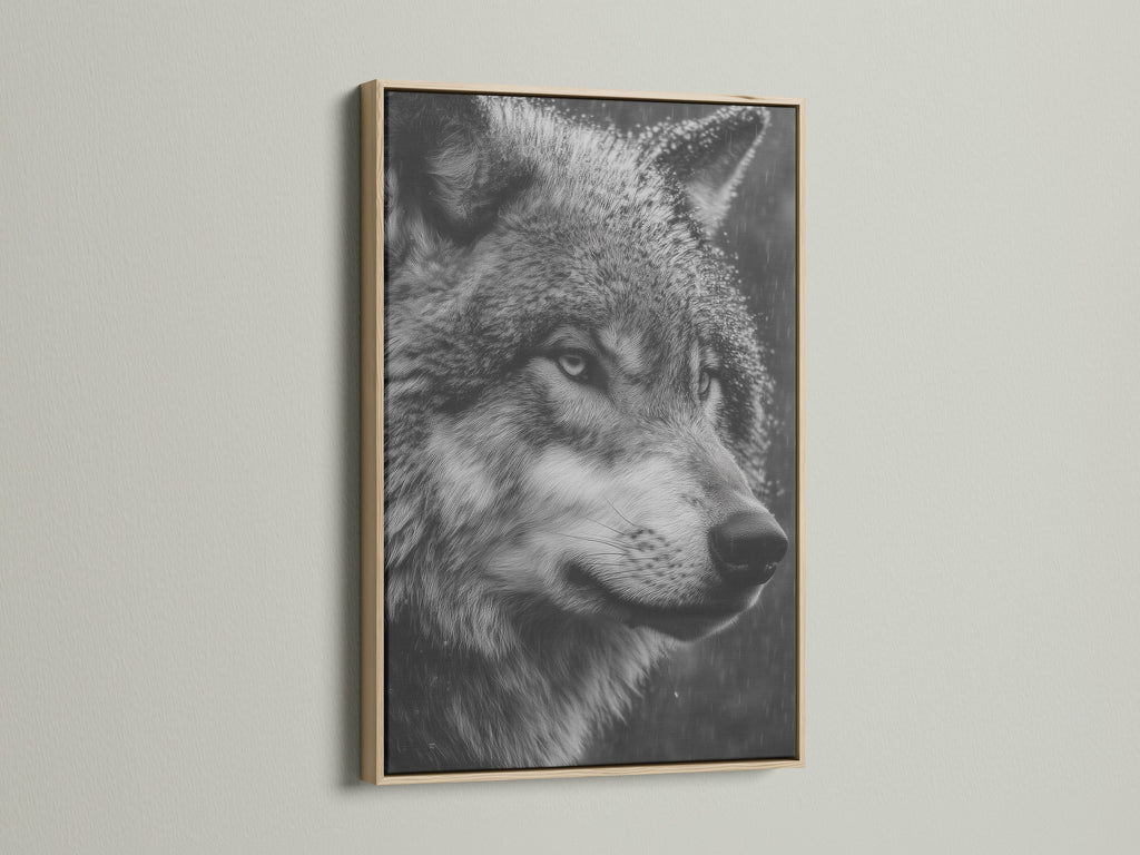 A striking wolf portrait canvas print displayed in an oak frame. The black and white wildlife art adds a touch of nature to any room. Perfect for rustic modern or minimalist interiors. Discover the beauty of animal artwork.
