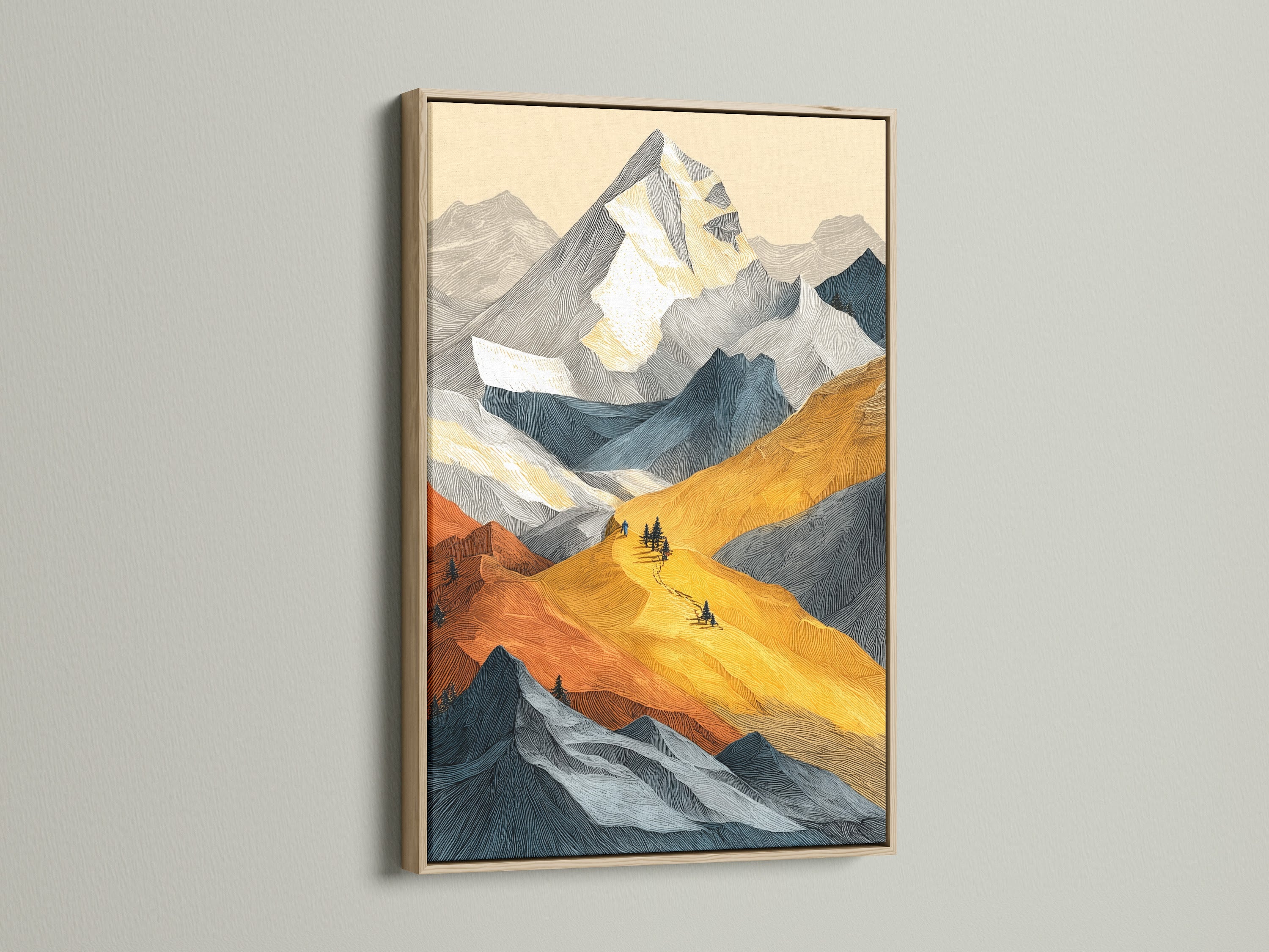 A framed mountain landscape artwork with an oak frame. The artwork showcases alpine peaks and modern nature print with golden autumn colors. It's a great piece of contemporary wall decor. Ideal for adding a touch of nature to your living space.