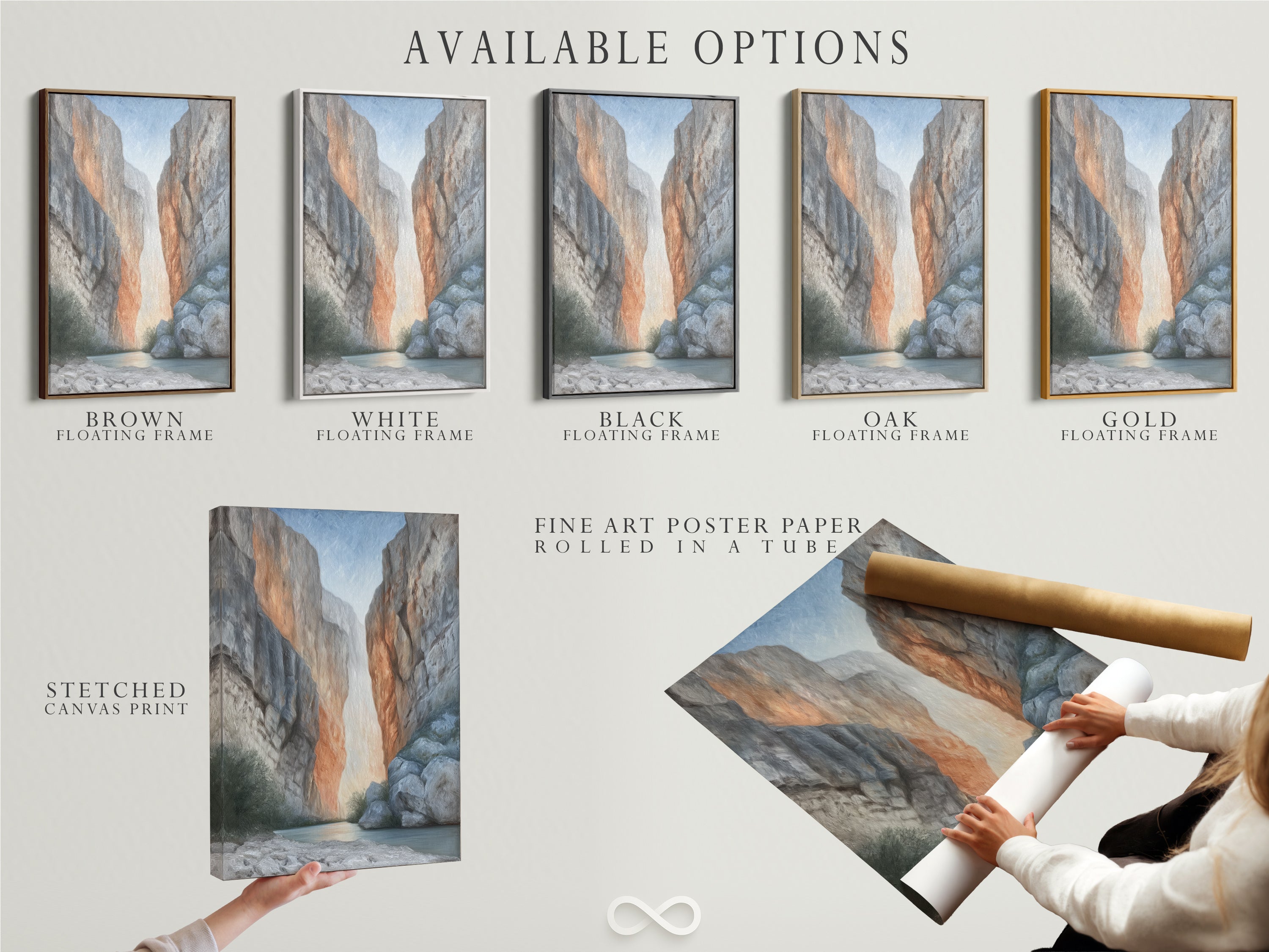 Explore available options for this canyon artwork. Choose from a stretched canvas print fine art poster paper or floating frame. Elevate your space with neutral tone landscape photography. Find the perfect piece for your style.