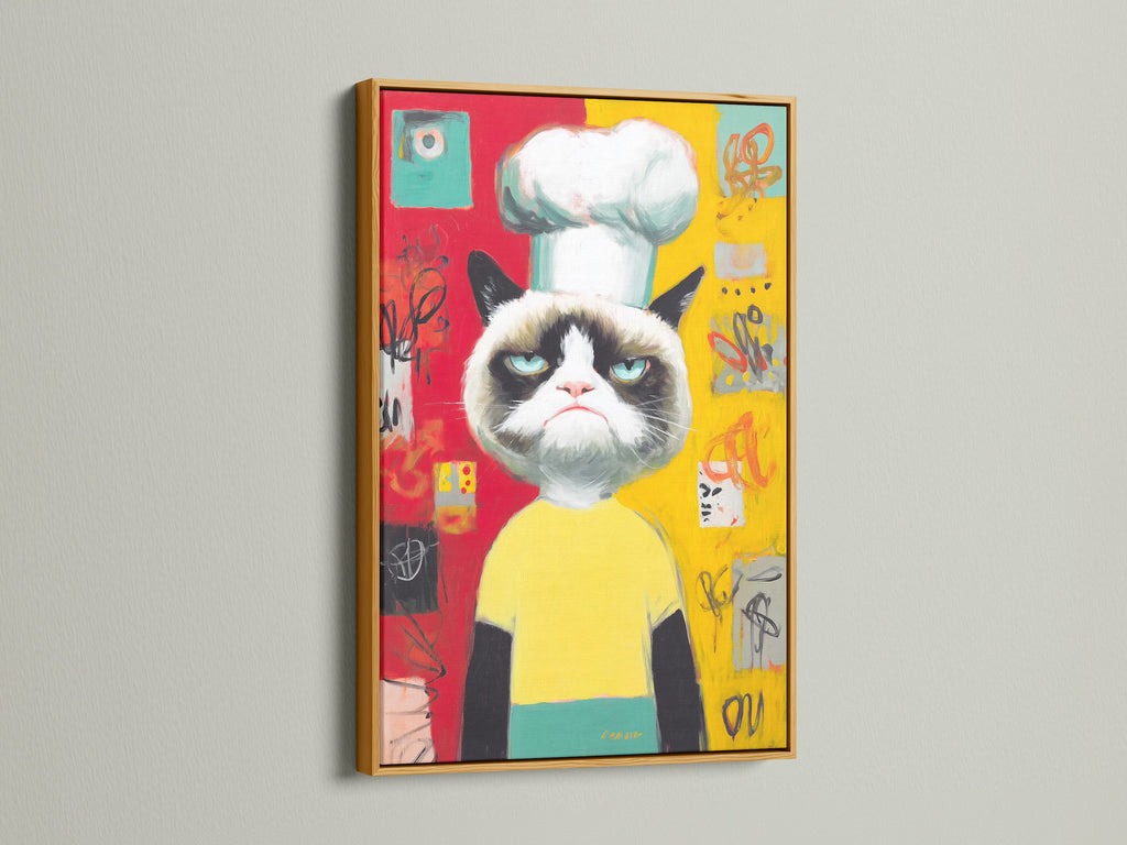 See the Chef Cat Wall Art in a gold frame. This funny grumpy cat canvas brings a touch of elegance to any room. The colorful pop art kitchen decor stands out. Perfect for adding personality to your dining room art.