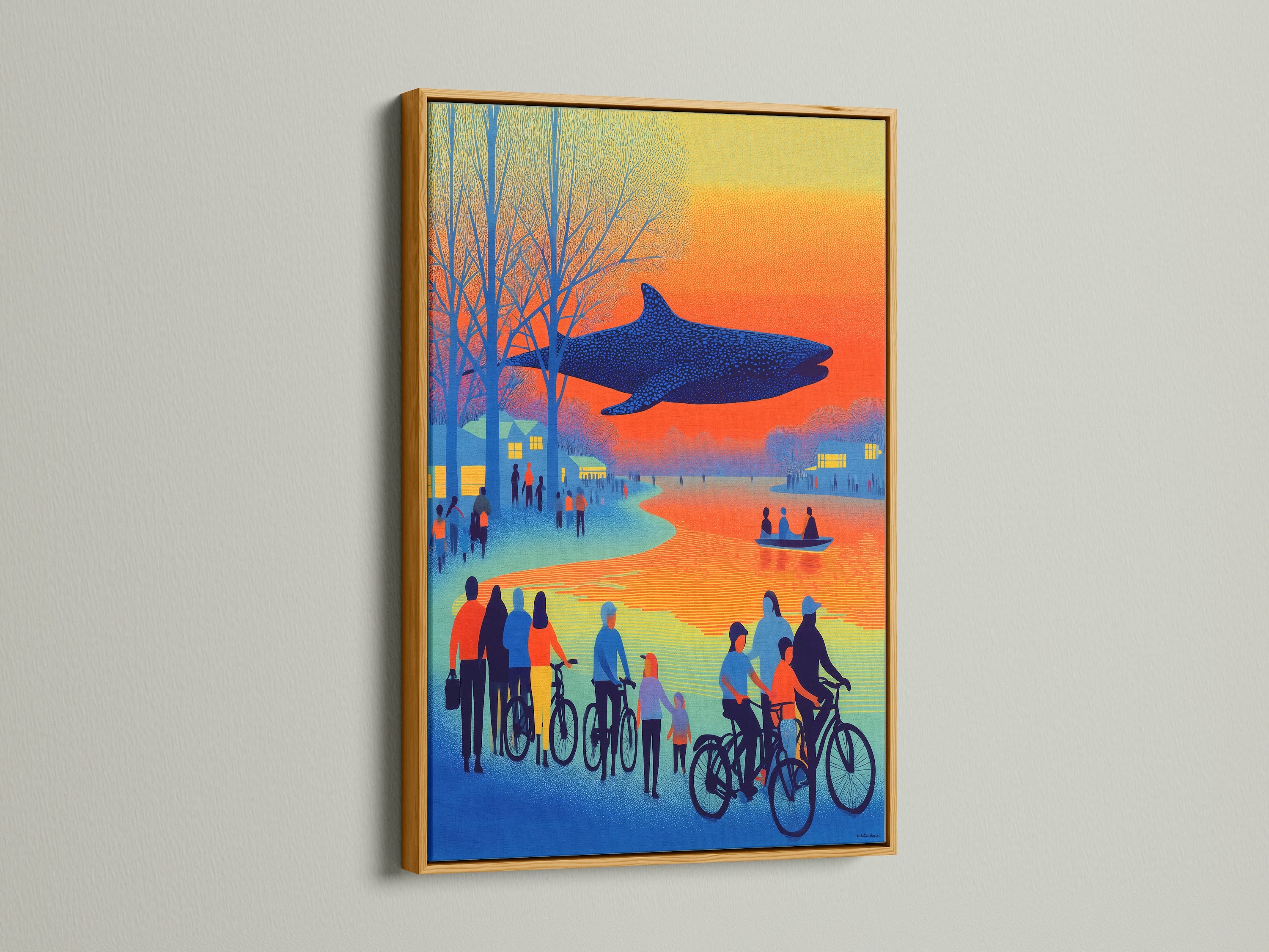 A gold frame beautifully showcases a surreal whale canvas print. The retro orange and blue artwork features lakeside bicyclists. Elevate your wall decor with this colorful and quirky print. This is perfect for eclectic styles. Add a touch of vintage charm to your space with this art.