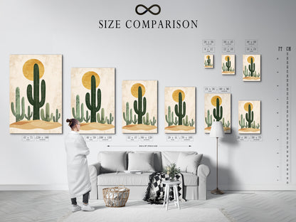 This is a size comparison chart of the desert landscape artwork in an interior. The chart helps visualize the artwork's dimensions. See how it will look in your living space. This artwork will transform your living space. Determine the perfect size for your home.