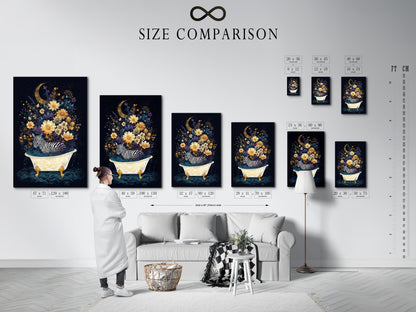 Here is a size comparison chart in an interior setting. See how the zebra in bathtub canvas print fits in various spaces. This floral moon wall art can transform any room. Perfect for bathroom wall decor nursery decor or as a unique conversation starter in living rooms.
