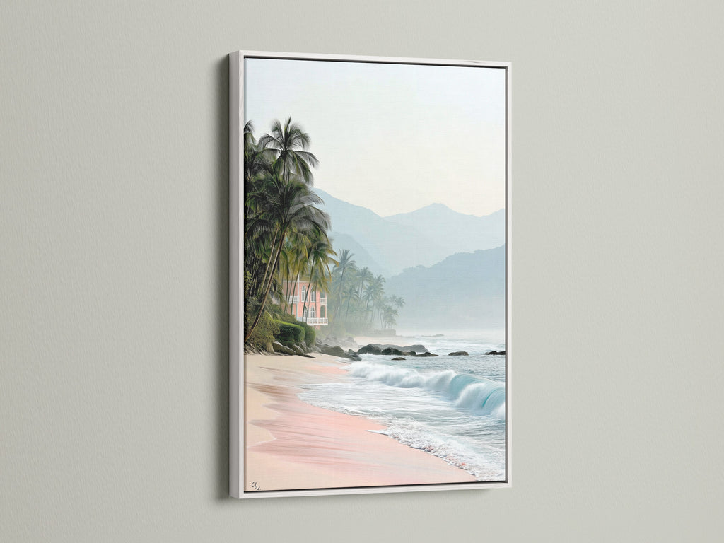 This tropical beach canvas print is showcased in a white frame. The artwork captures the essence of coastal scenery. Pink sand meets the ocean. Ideal for serene vacation home decor.