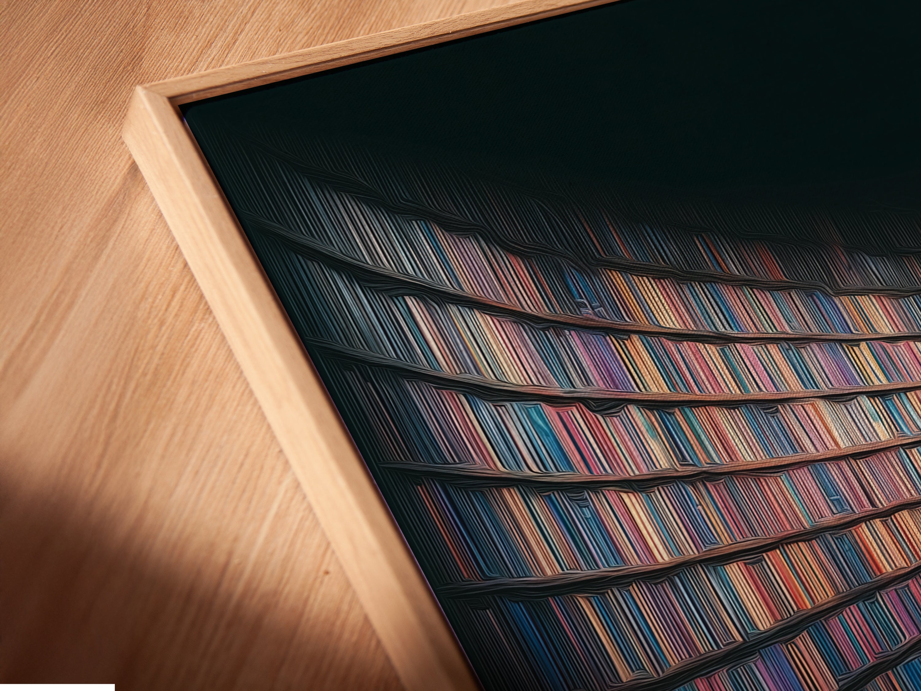 Close‑up of the Library Books canvas — archival giclée pigment and matte texture